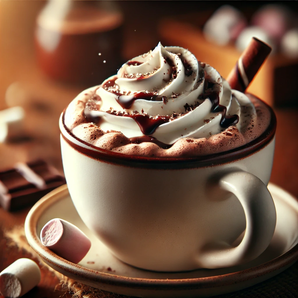 DALL·E 2024 10 09 00.45.12 A close up image of a cup of Hot Chocolate. The hot chocolate is served in a cozy white ceramic mug topped with a swirl of whipped cream and a drizzl