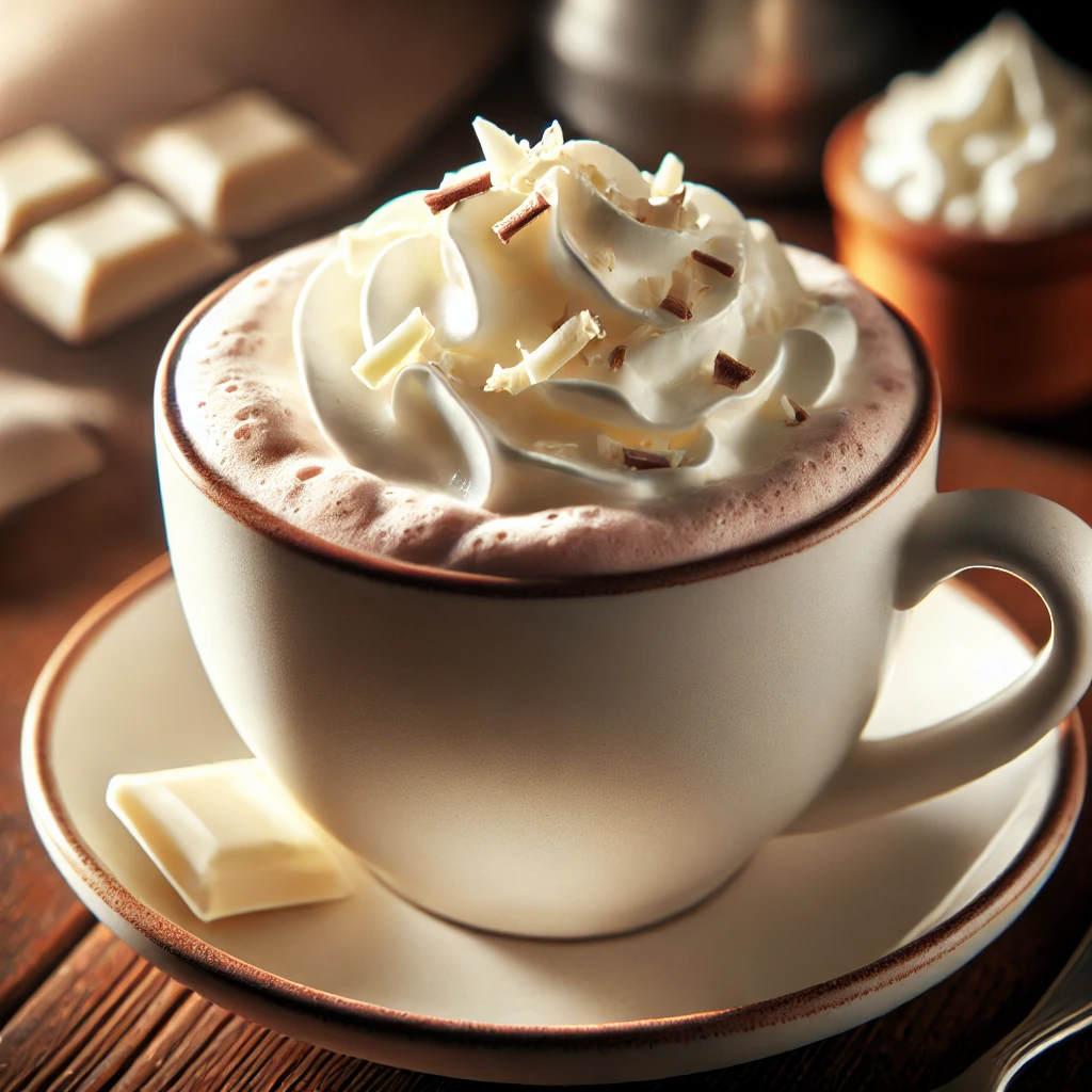 DALL·E 2024 10 09 00.46.46 A close up image of a cup of White Hot Chocolate. The drink is served in a white ceramic mug topped with whipped cream and a sprinkle of white chocol