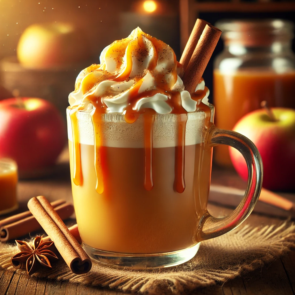 DALL·E 2024 10 09 00.48.53 A close up image of a Caramel Apple Spice drink served in a clear glass mug. The drink has a warm golden brown color topped with whipped cream and a