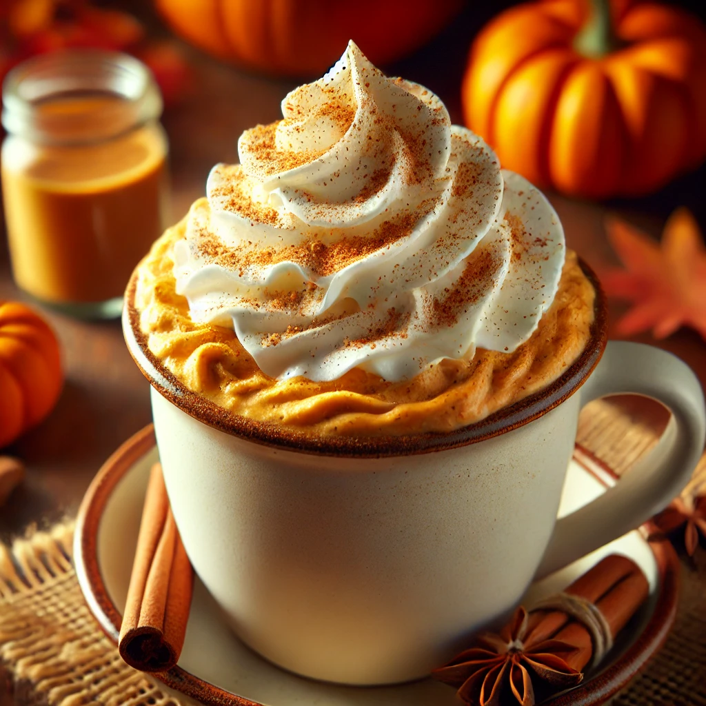DALL·E 2024 10 09 00.51.12 A close up image of a Pumpkin Spice Creme beverage served in a white ceramic mug. The drink is topped with a generous swirl of whipped cream sprinkle