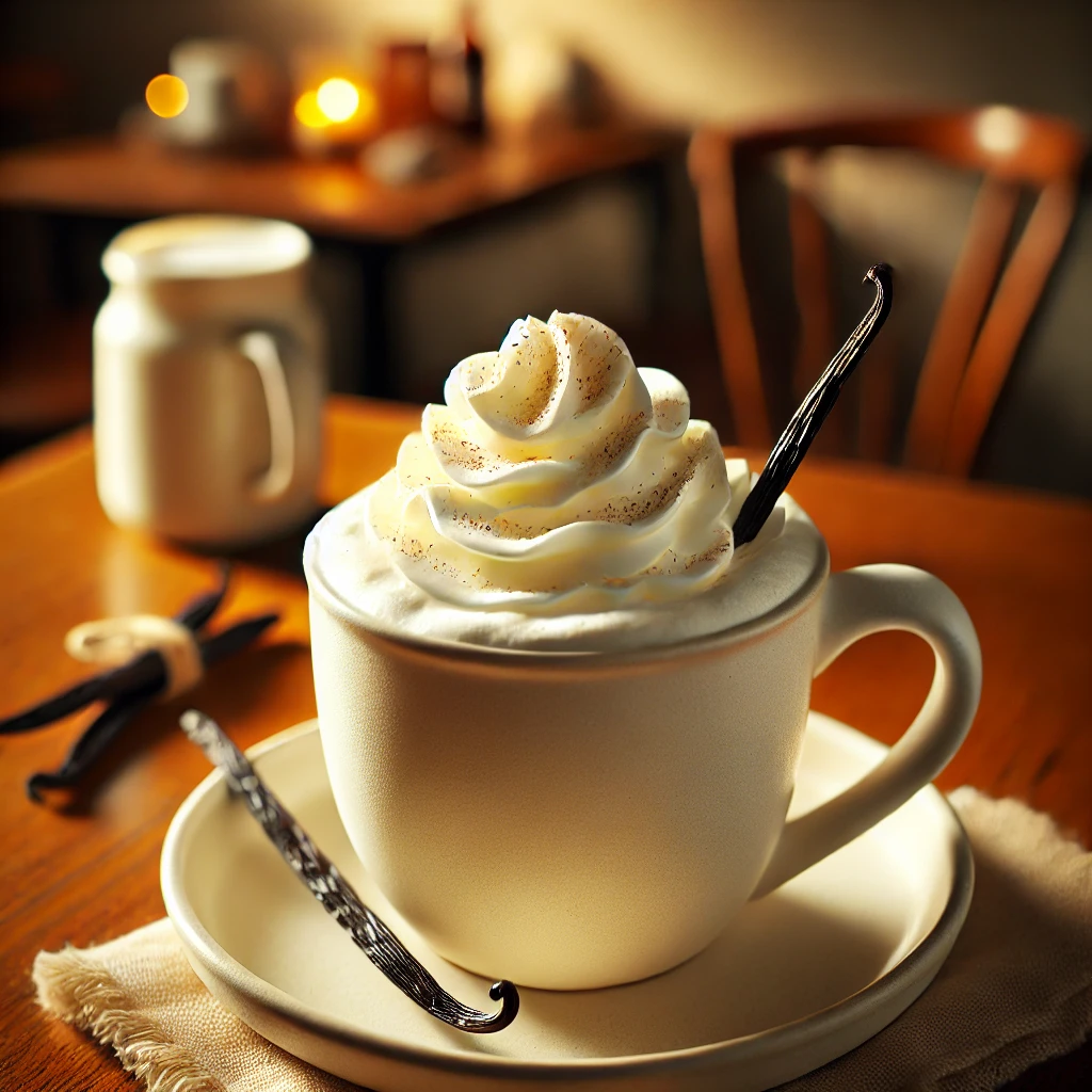 DALL·E 2024 10 09 00.53.17 A more detailed and visually appealing image of a Vanilla Creme beverage. The drink is served in an elegant white ceramic mug with a smooth surface. I