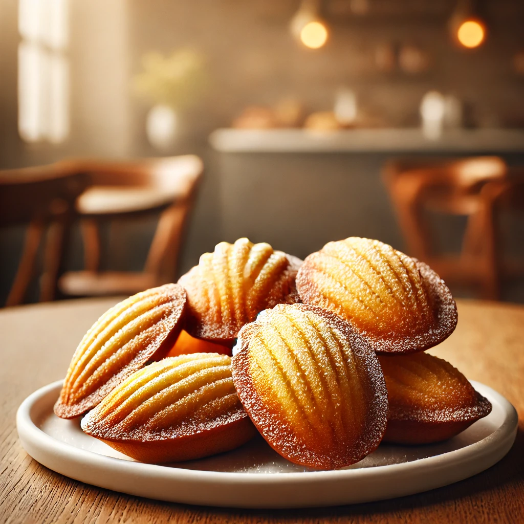 DALL·E 2024 10 09 01.30.48 A close up image of freshly baked Madeleines the traditional French shell shaped butter cakes. The Madeleines are golden brown with a slightly crisp 1 1