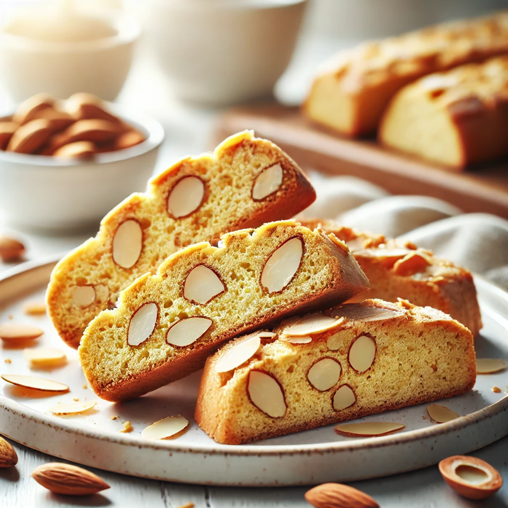 DALL·E 2024 10 09 01.34.08 A close up image of Vanilla Biscotti with Almonds. The biscotti is golden brown showcasing its crunchy texture with slivers of almonds visible throug 2