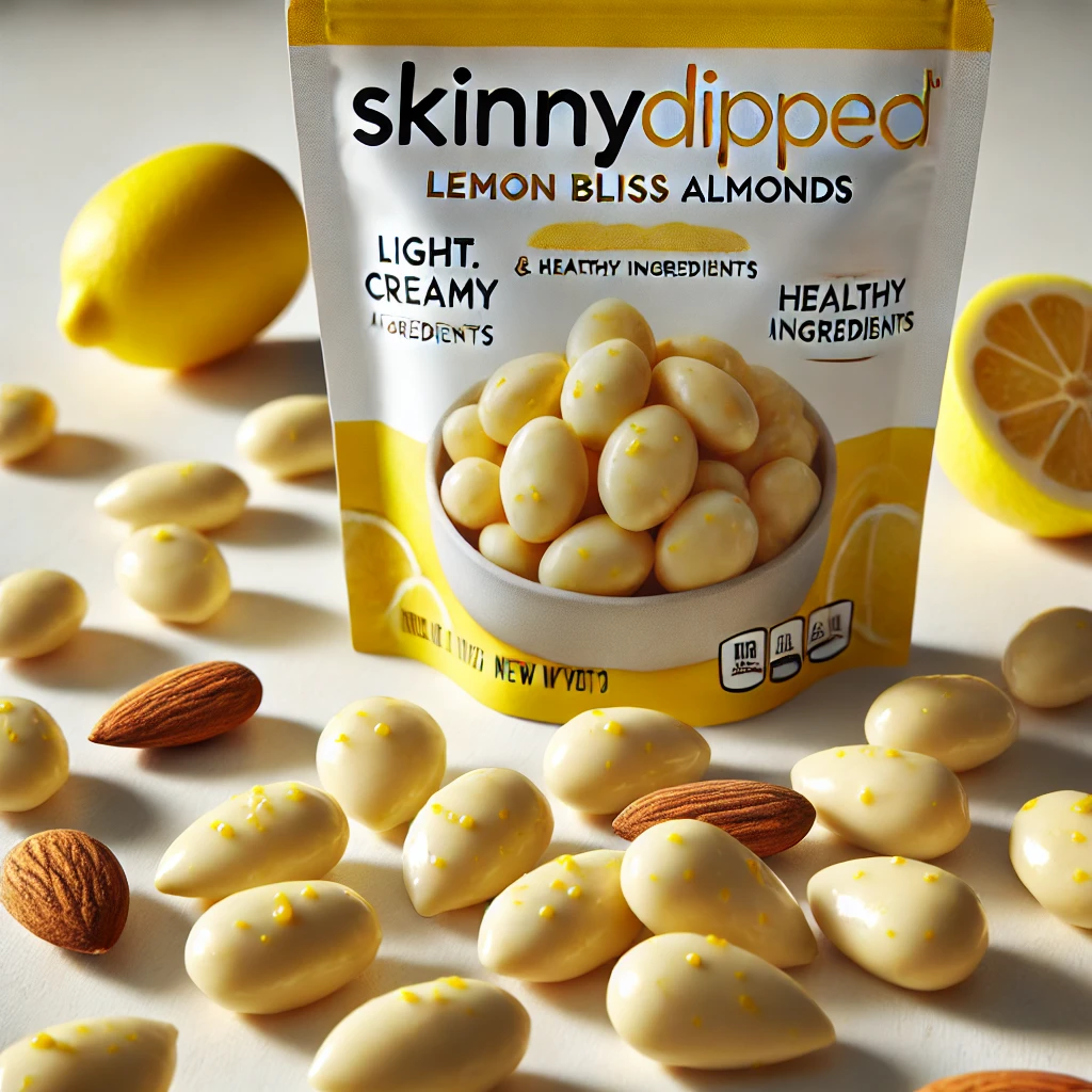 DALL·E 2024 10 09 01.47.30 A detailed image of SkinnyDipped Lemon Bliss Almonds. The almonds are coated in a light creamy lemon flavored layer with a smooth and glossy appeara