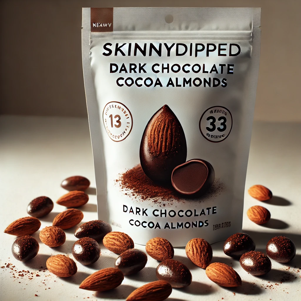 DALL·E 2024 10 09 01.47.34 A close up image of SkinnyDipped Dark Chocolate Cocoa Almonds. The almonds are coated in a thin layer of rich dark chocolate and lightly dusted with c