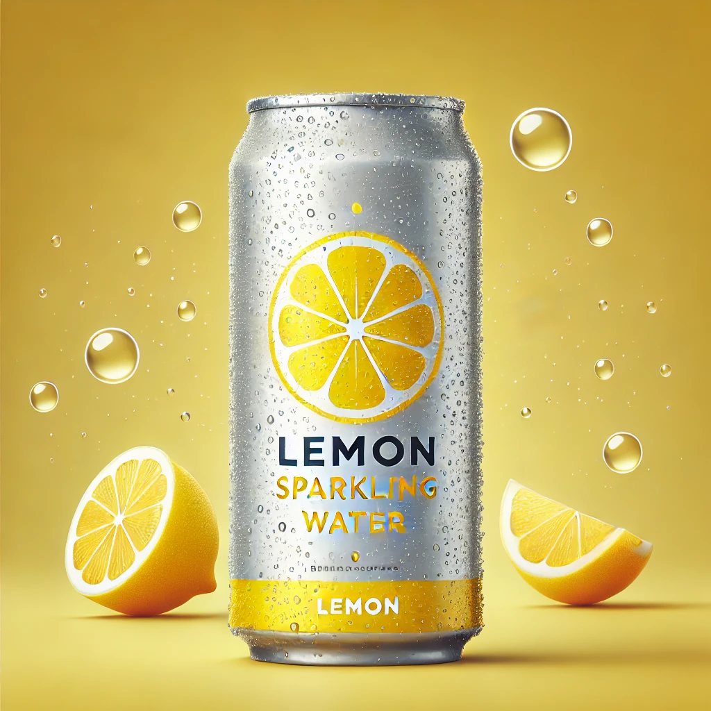 DALL·E 2024 10 11 00.34.30 A can of lemon sparkling water with bright refreshing visuals. The can is sleek and modern with a light silver body and vibrant yellow accents repre 1