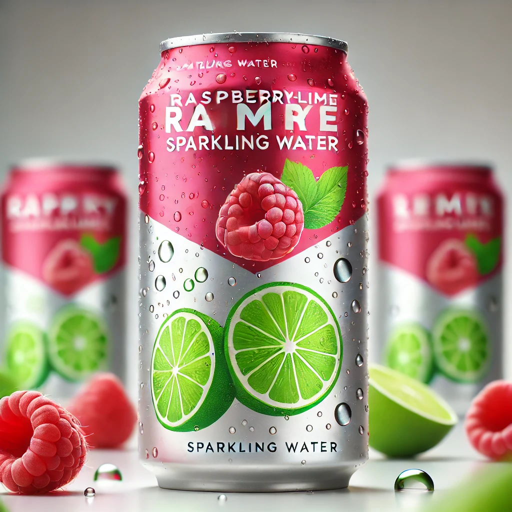 DALL·E 2024 10 11 00.36.14 A can of raspberry lime sparkling water with vibrant and refreshing visuals. The can features a modern sleek design with shades of red and green to r