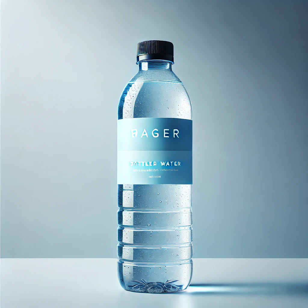 DALL·E 2024 10 11 00.38.26 A sleek and modern bottled water design with a clear plastic bottle crystal clear water inside and minimalistic labeling. The label features shades