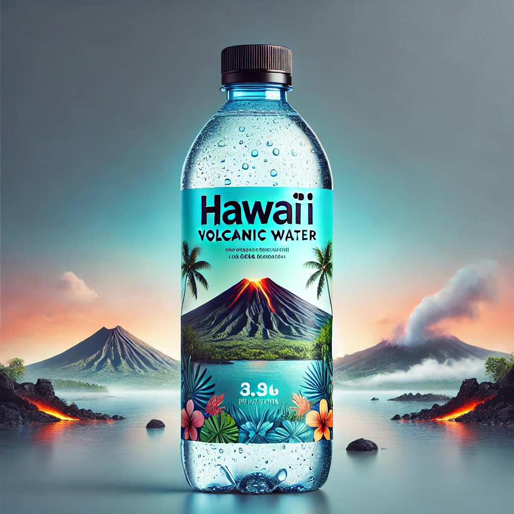 DALL·E 2024 10 11 00.44.38 A bottled water design inspired by Hawaii Volcanic Water featuring a sleek modern plastic bottle. The label has a tropical volcanic theme with vib