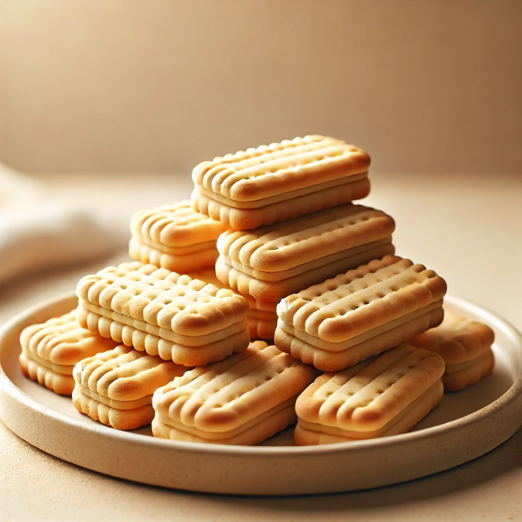 DALL·E 2024 10 12 22.04.30 A plate of classic shortbread cookies arranged neatly. The cookies are golden brown with a crumbly texture slightly thick and have a few perforation 1