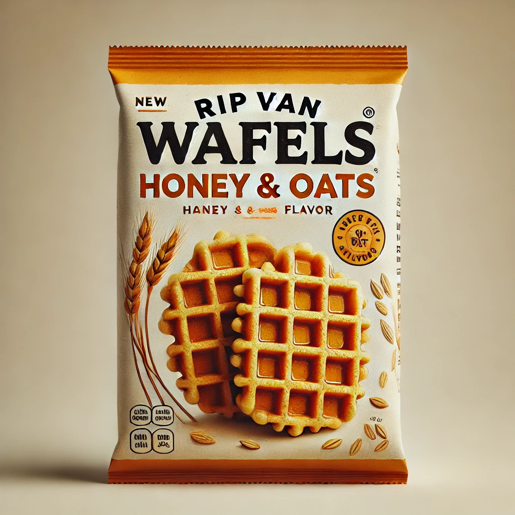 DALL·E 2024 10 12 22.07.55 A close up view of a pack of Rip van Wafels – Honey Oats flavor. The packaging shows a waffle like snack with honey and oats as the key ingredients