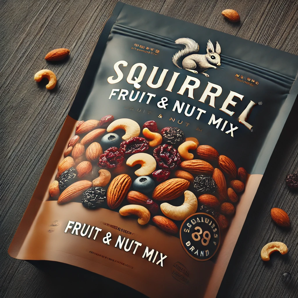DALL·E 2024 10 13 21.40.50 A close up image of Squirrel Brand Fruit Nut mix packaging. The package is sleek and modern with a premium look. The bag is a matte finish with dee