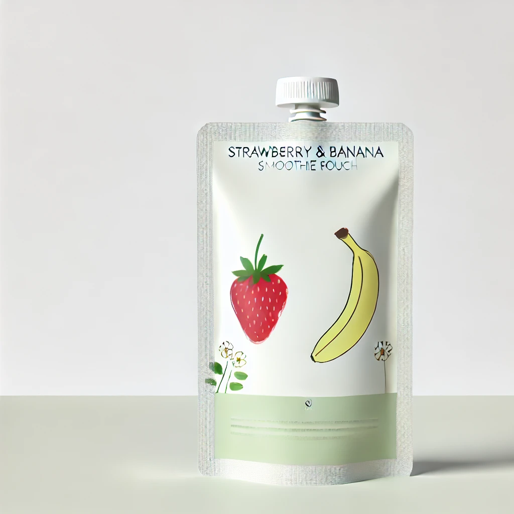 DALL·E 2024 10 13 21.46.58 A simple and clean image of a strawberry and banana smoothie pouch with a minimalist design. The pouch has an uncomplicated label featuring basic illu